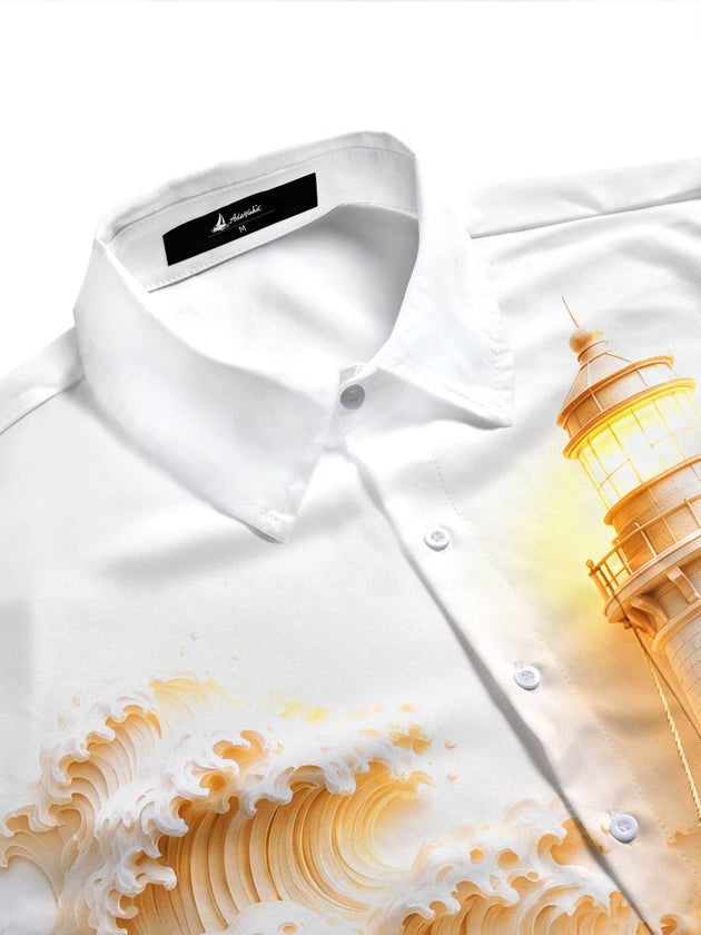 Adaychic Men's Lighthouse Ancient Ship And Waves Print Short Sleeve Shirt with Chest Pocket