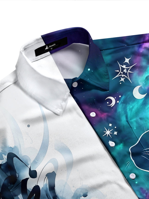 Adaychic Men's Graphic Cat Silhouette And Nebula Print Long Sleeve Shirt with Chest Pocket