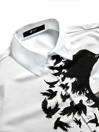 Adaychic Men's Graphic Crow Silhouette Print Long Sleeve Shirt with Chest Pocket