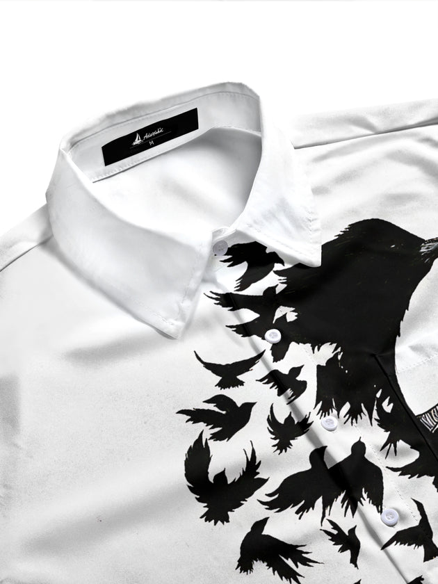 Adaychic Men's Graphic Crow Silhouette Print Long Sleeve Shirt with Chest Pocket