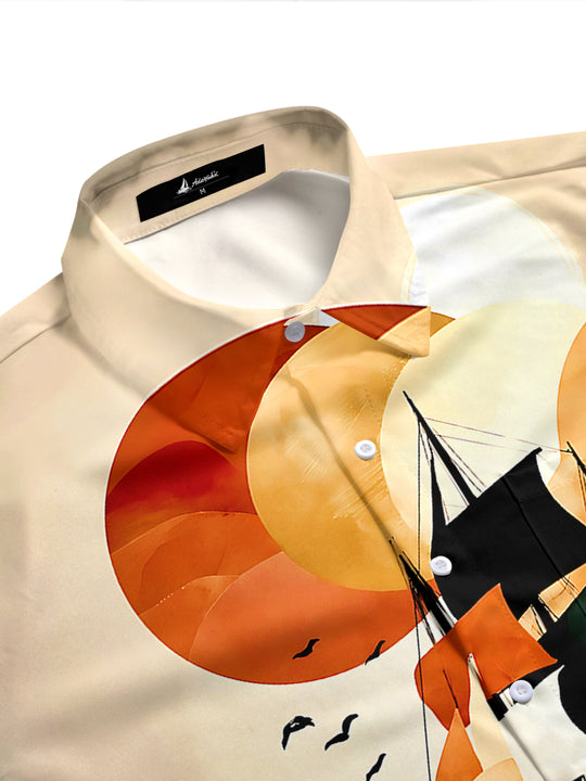 Adaychic Men's Vintage Style Sailing Ship Sunset Print Short Sleeve Shirt with Chest Pocket