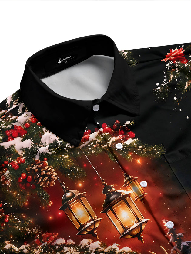 Adaychic Men's Long Sleeve Shirt - Christmas Winter Reindeer And Snowy Cabin Scene Print with Chest Pocket