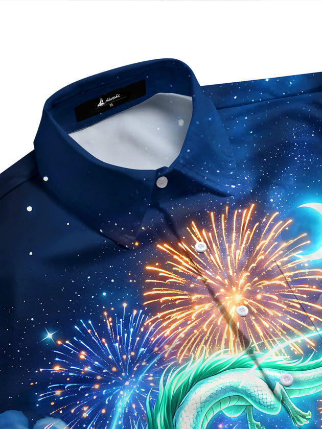Adaychic Men's Graphic Dragon Night Scene Print Short Sleeve Shirt with Chest Pocket