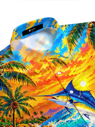 Adaychic Men's Short Sleeve Stand Collar Shirt - Sailfish And Tropical Beach Sunset Print with Chest Pocket