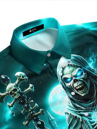 Adaychic Men's Graphic Halloween Print Short Sleeve Shirt with Chest Pocket