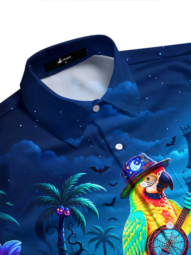 Adaychic Men's Short Sleeve Shirt - Halloween Parrot Playing Banjo And Pumpkins Print with Chest Pocket