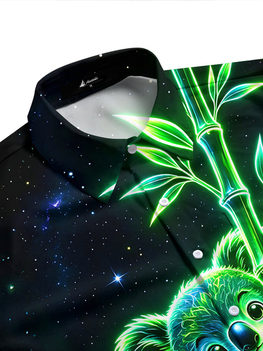 Adaychic Men's Graphic Neon Koala Print Bamboo Print Short Sleeve Shirt with Chest Pocket