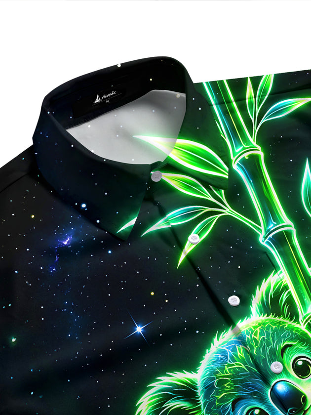 Adaychic Men's Graphic Neon Koala Print Bamboo Print Short Sleeve Shirt with Chest Pocket