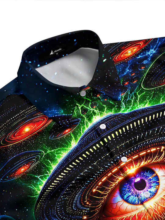 Adaychic Men's Graphic UFO All-seeing Eye Print Short Sleeve Shirt with Chest Pocket
