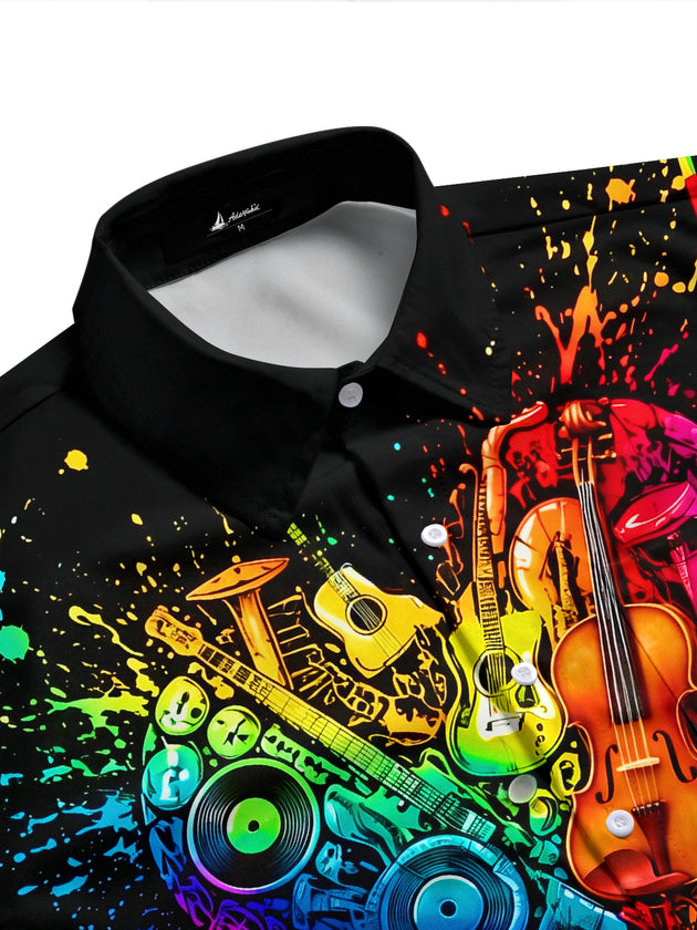 Adaychic Men's Graphic Musical Instruments Heart Print Short Sleeve Shirt with Chest Pocket