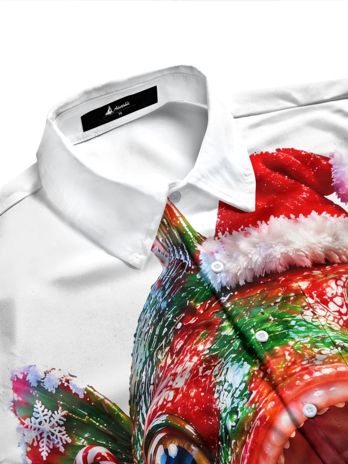 Adaychic Men's Graphic Christmas Fish With Santa Hat Print Long Sleeve Shirt with Chest Pocket