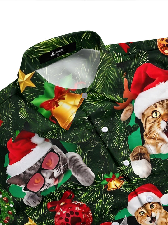 Adaychic Men's Hawaiian Christmas Cats Print Short Sleeve Shirt with Chest Pocket