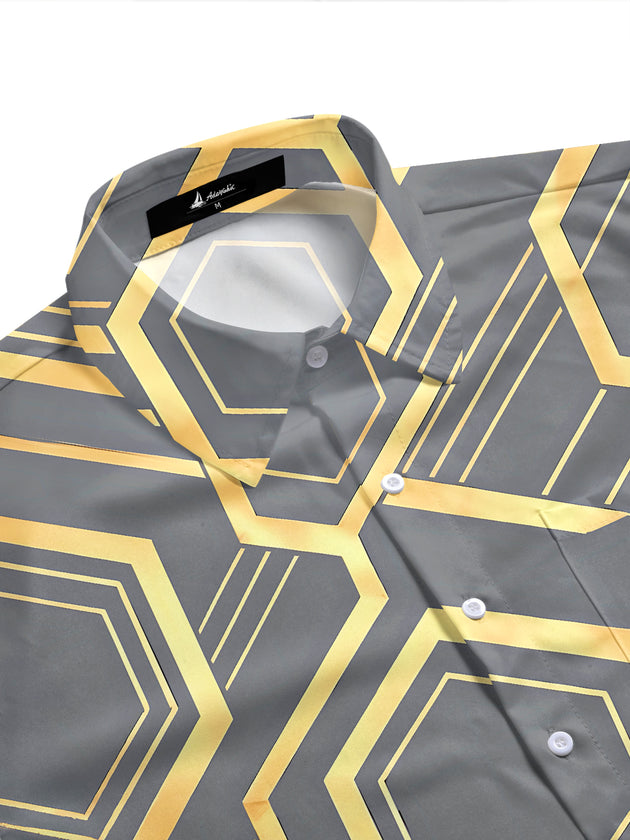 Adaychic Men's Patterned Geometric Hexagon Pattern Short Sleeve Shirt with Chest Pocket