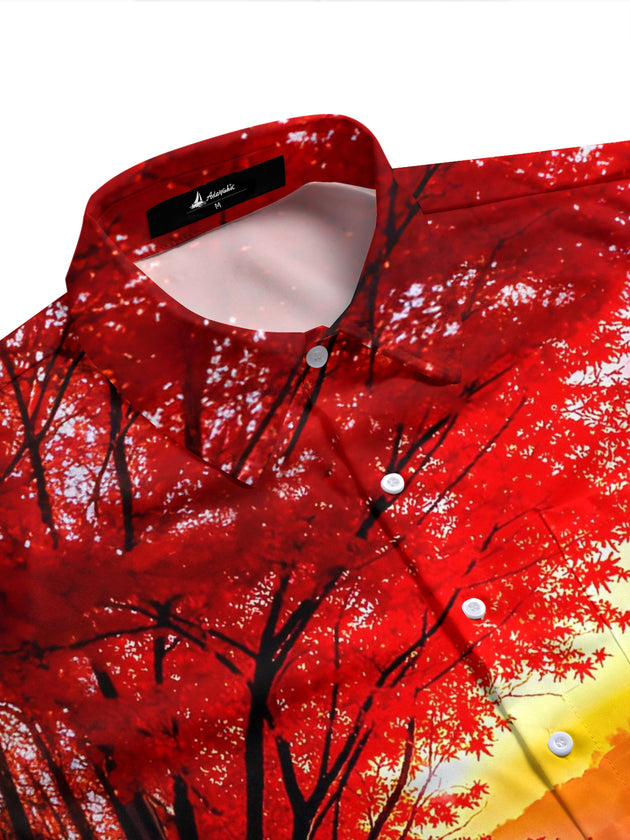 Adaychic Men's Hawaiian Autumn Maple Sunset Scenery Print Short Sleeve Shirt with Chest Pocket