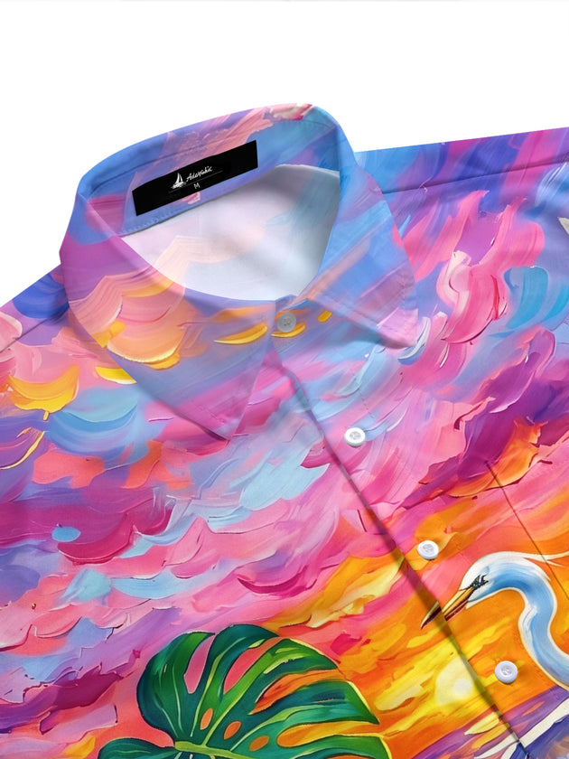 Adaychic Men's White Heron Bird Over Sunset Ocean Print Short Sleeve Shirt with Chest Pocket