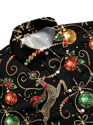 Adaychic Men's Printed Christmas Reindeer And Ornaments Print Long Sleeve Shirt with Chest Pocket