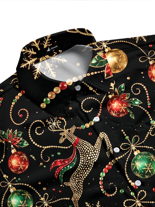 Adaychic Men's Printed Christmas Reindeer And Ornaments Print Long Sleeve Shirt with Chest Pocket