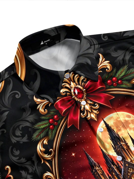 Adaychic Men's Long Sleeve Shirt - Christmas Gothic Castle And Snowy Pine Trees Under Full Moon Print with Chest Pocket