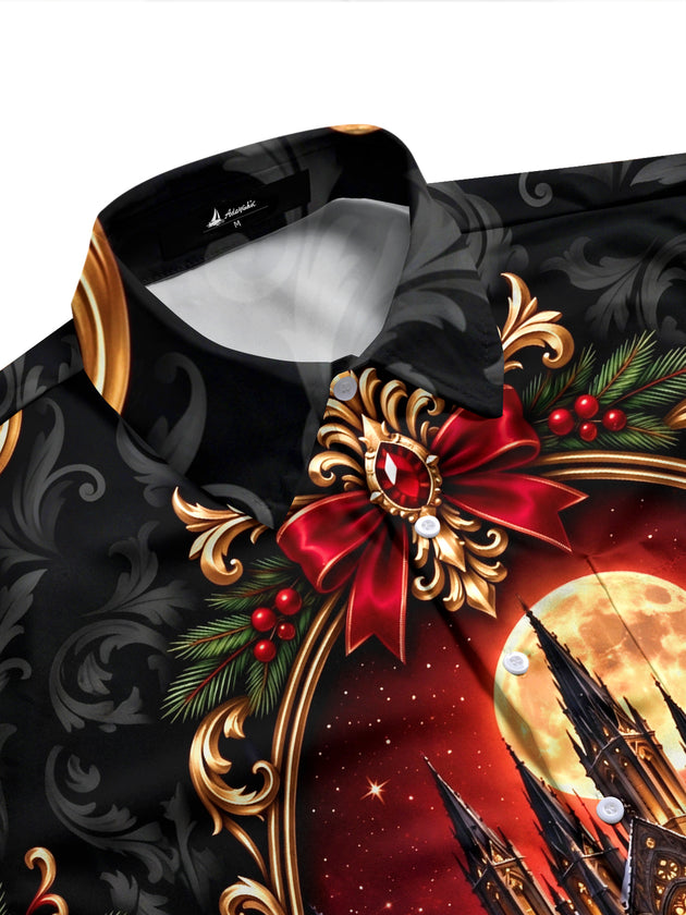 Adaychic Men's Long Sleeve Shirt - Christmas Gothic Castle And Snowy Pine Trees Under Full Moon Print with Chest Pocket