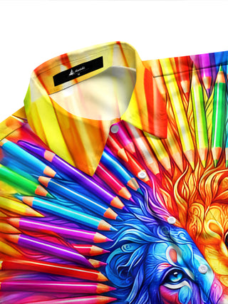 Adaychic Men's Graphic Colorful Pencil Split Lion Print Long Sleeve Shirt with Chest Pocket