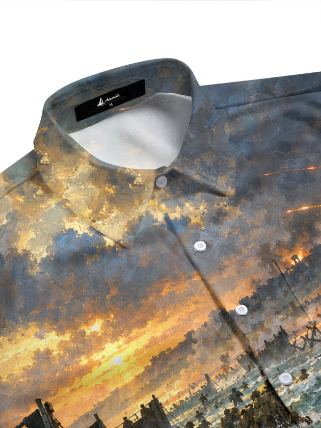 Adaychic Men's World War II Beach Landing Scene Print Short Sleeve Shirt with Chest Pocket