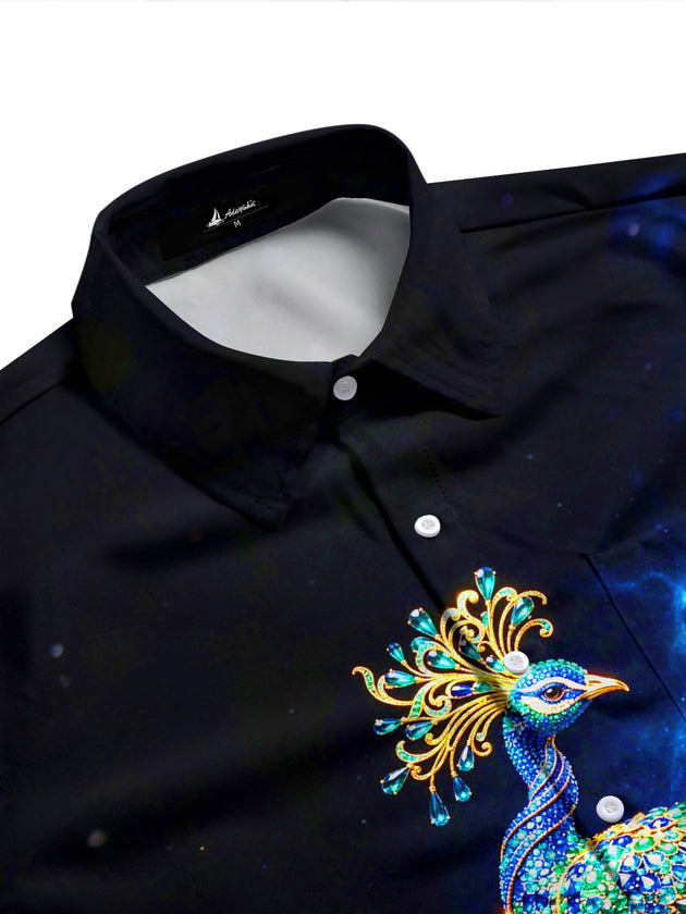 Adaychic Men's Graphic Art Gem Starry Peacock Print Long Sleeve Shirt with Chest Pocket