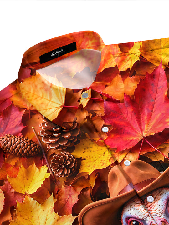 Adaychic Men's Short Sleeve Shirt - Thanksgiving Turkey With Cowboy Hat And Autumn Leaves Print with Chest Pocket