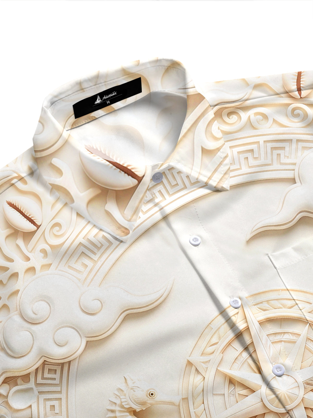 Adaychic Men's 3D 3D Relief Seahorse And Compass Rose Print Short Sleeve Shirt with Chest Pocket