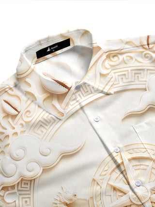 Adaychic Men's 3D 3D Relief Seahorse And Compass Rose Print Short Sleeve Shirt with Chest Pocket