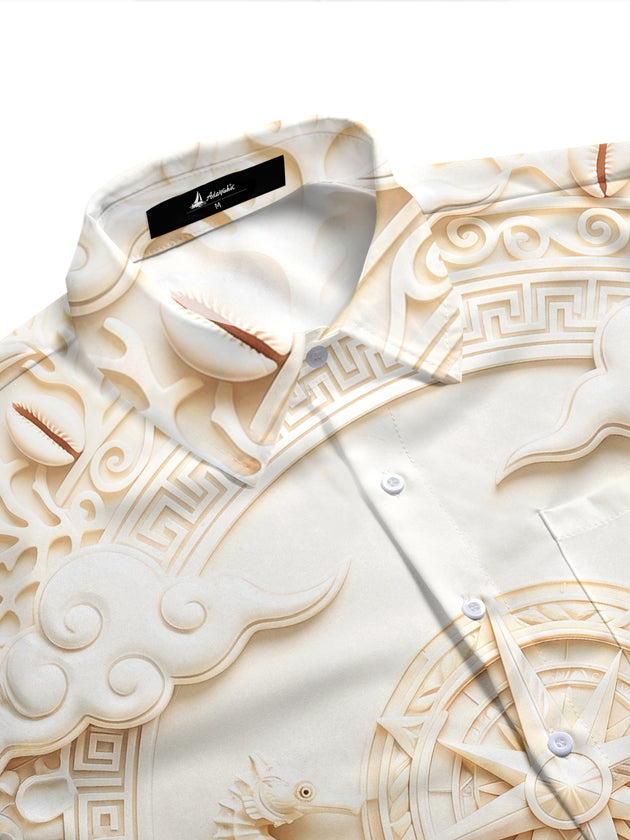Adaychic Men's 3D 3D Relief Seahorse And Compass Rose Print Short Sleeve Shirt with Chest Pocket