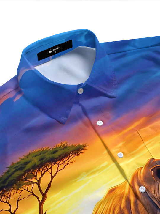 Adaychic Men's Rhino In African Savanna Sunset Print Short Sleeve Shirt with Chest Pocket