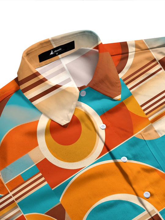 Adaychic Men's Retro Geometric Circles And Stripes Print Long Sleeve Shirt with Chest Pocket