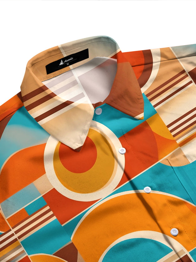 Adaychic Men's Retro Geometric Circles And Stripes Print Long Sleeve Shirt with Chest Pocket