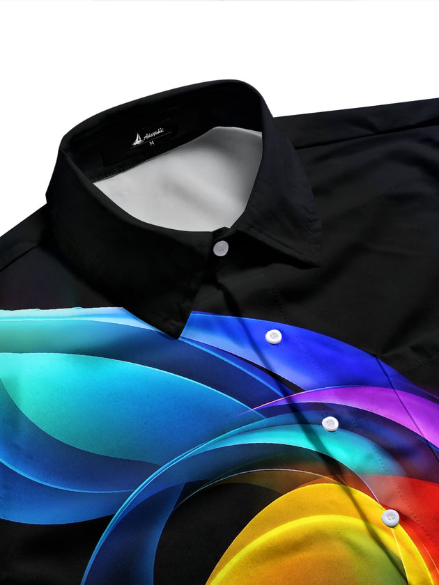 Adaychic Men's Printed Colorful Abstract Waves Print Long Sleeve Shirt with Chest Pocket