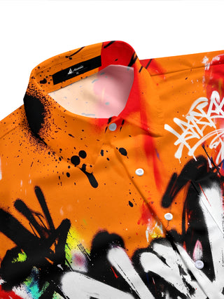 Adaychic Men's Graffiti Text And Spray Paint Splatters Print Short Sleeve Shirt with Chest Pocket