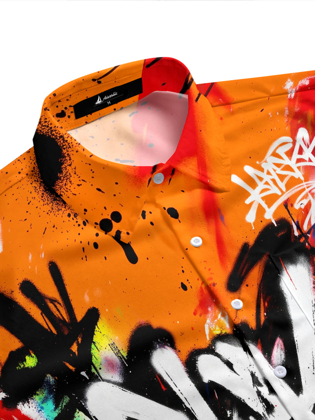 Adaychic Men's Graffiti Text And Spray Paint Splatters Print Short Sleeve Shirt with Chest Pocket