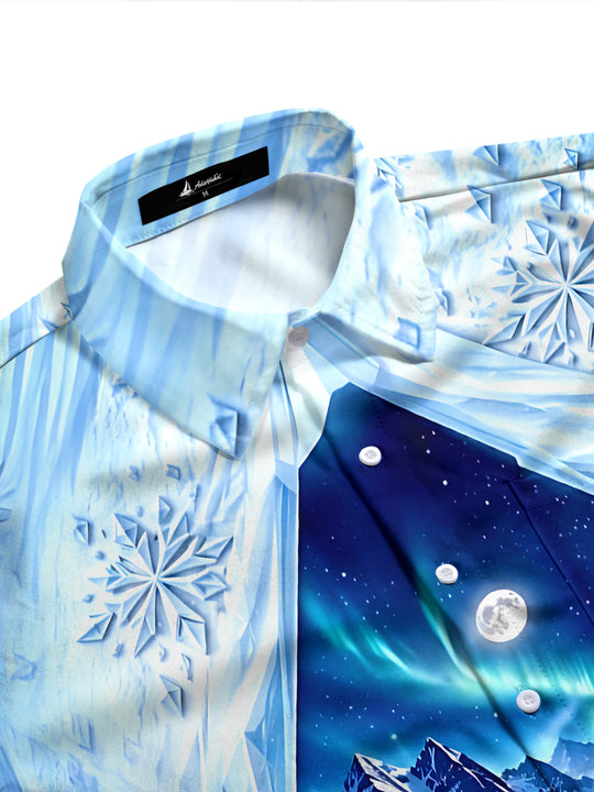 Adaychic Men's Winter Arctic Cabin And Aurora Borealis Print Long Sleeve Shirt with Chest Pocket