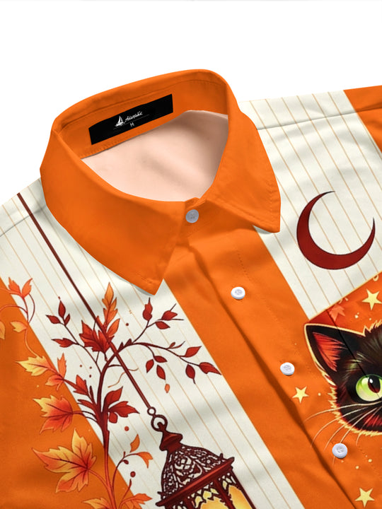 Adaychic Men's Graphic Halloween Black Cat And Pumpkin Print Short Sleeve Shirt with Chest Pocket