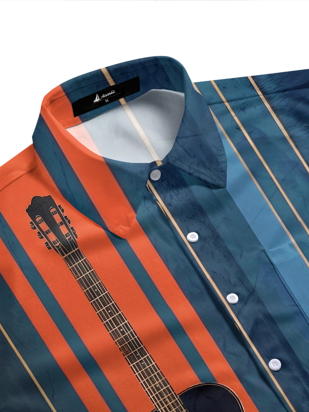 Adaychic Men's Striped Guitar Print Vertical Stripes Print Short Sleeve Shirt with Chest Pocket