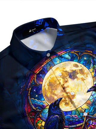 Adaychic Men's Graphic Stained Glass Crows Print Short Sleeve Shirt with Chest Pocket