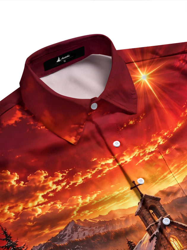 Adaychic Men's Long Sleeve Shirt - Winter Church Landscape With Snow And Mountains Print with Chest Pocket