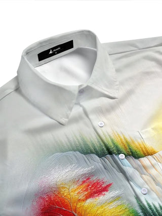 Adaychic Men's Printed Abstract Landscape Print Short Sleeve Shirt with Chest Pocket