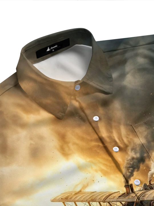 Adaychic Men's Vintage Style Steampunk Biplane Print Short Sleeve Shirt with Chest Pocket