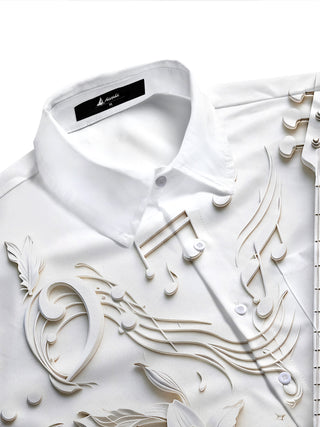 Adaychic Men's Short Sleeve Shirt - 3D Relief Bass Guitar And Floral Music Notes Print with Chest Pocket