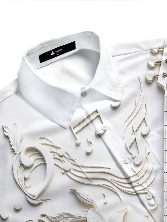 Adaychic Men's Short Sleeve Shirt - 3D Relief Bass Guitar And Floral Music Notes Print with Chest Pocket