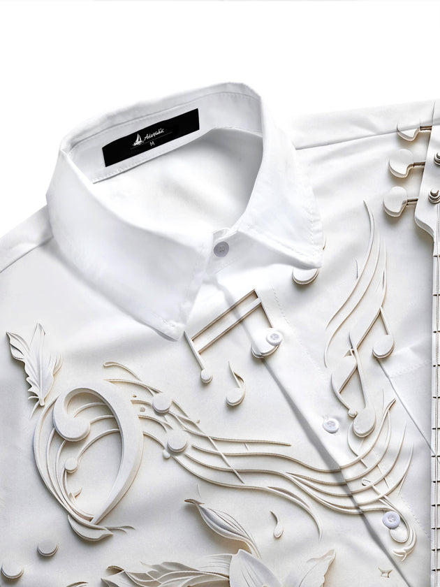 Adaychic Men's Short Sleeve Shirt - 3D Relief Bass Guitar And Floral Music Notes Print with Chest Pocket