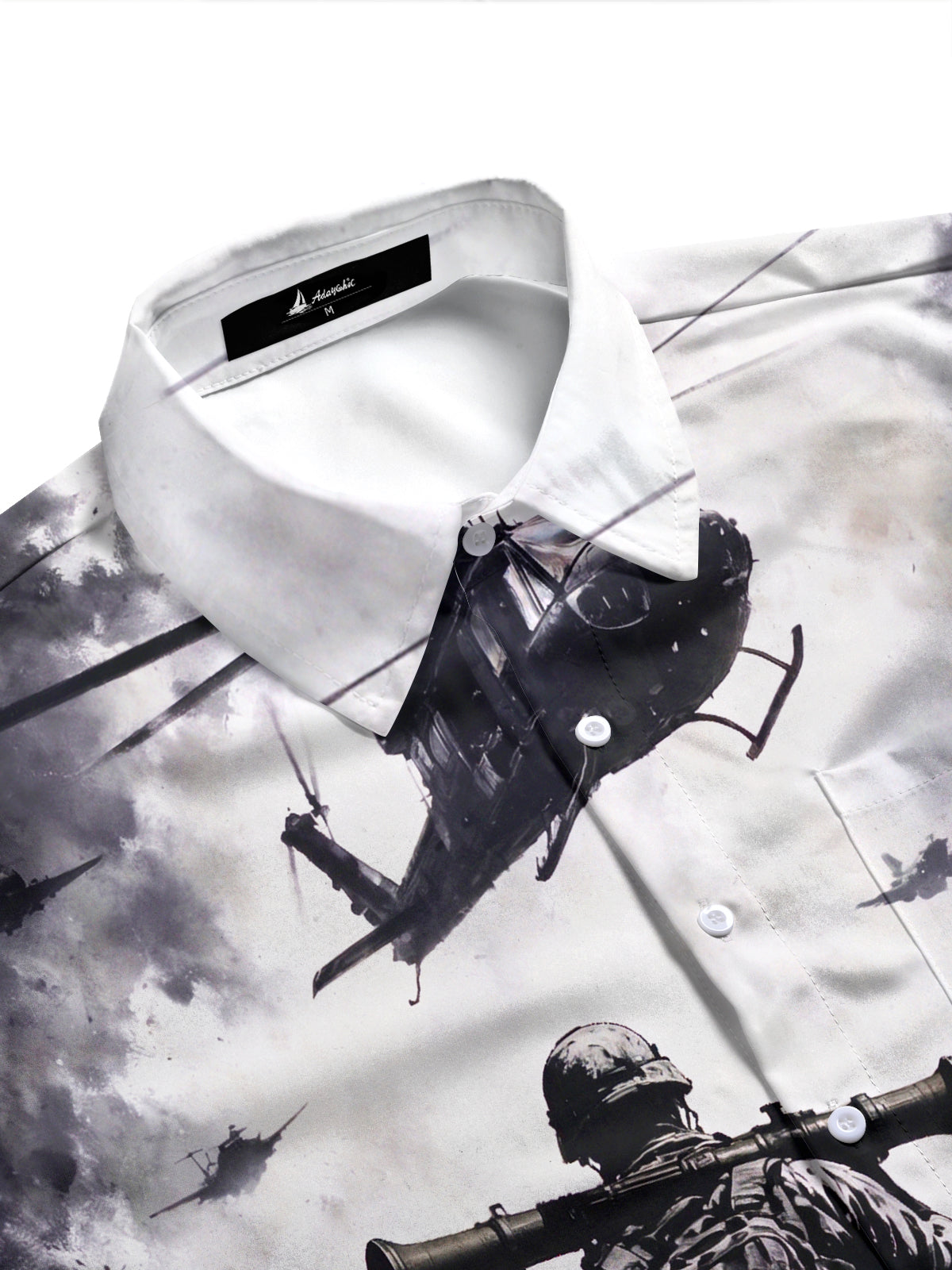 Adaychic Men's Long Sleeve Shirt - Soldier With Rocket Launcher And Helicopters In Warzone Print with Chest Pocket