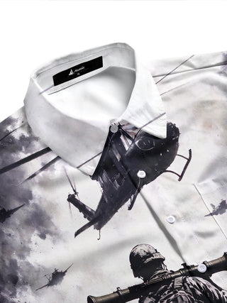 Adaychic Men's Long Sleeve Shirt - Soldier With Rocket Launcher And Helicopters In Warzone Print with Chest Pocket