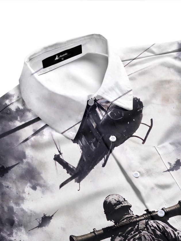 Adaychic Men's Long Sleeve Shirt - Soldier With Rocket Launcher And Helicopters In Warzone Print with Chest Pocket
