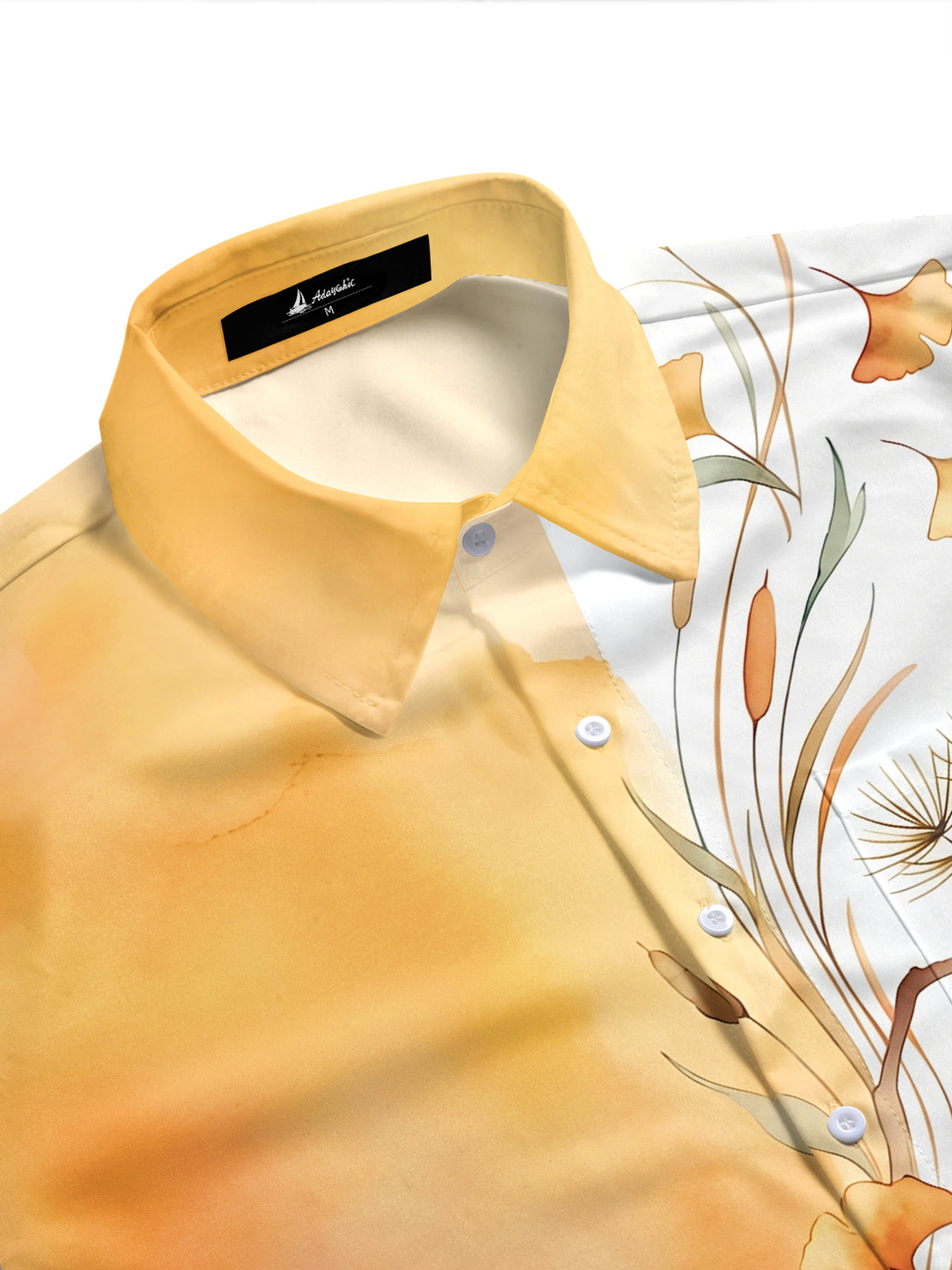 Adaychic Men's Hawaiian Ink Ginkgo And Pine Branches Print Short Sleeve Shirt with Chest Pocket